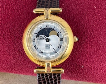Rare Vintage Jaz Paris French Moonphase Designer Watch Roman Numerals Calandar above Moon Date Brown Strap