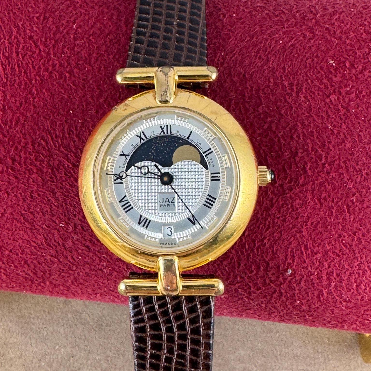 Vintage Jaz Paris Moonphase Watch: 18K Gold Plated, Brown