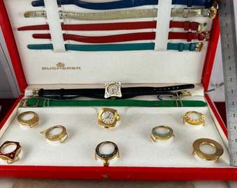 Vintage Swiss Bucherer Interchangeable Windup Ladies Watch 10 Micron 18 Karat Gold Plated with 6 Leather Bands, Ring and 8 Bezels and Case