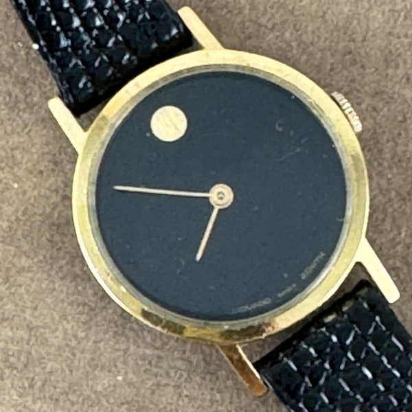 Vintage Zenith Movado Swiss Watch 1950's Case has Gold Plating, Stainless Steel Back, and  New 8 inch Black Leather Strap Dot at 12 O'clock