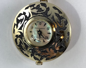 Vintage Gold Tone with Antique Black Finish "Golden Shield" Shock protected 7 Jewel Swiss Pendant Watch with Numerals 24 Inch Necklace