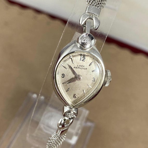 Vintage Lady Hamilton 14K White Gold Diamond Watch: 22 Jewel Hand