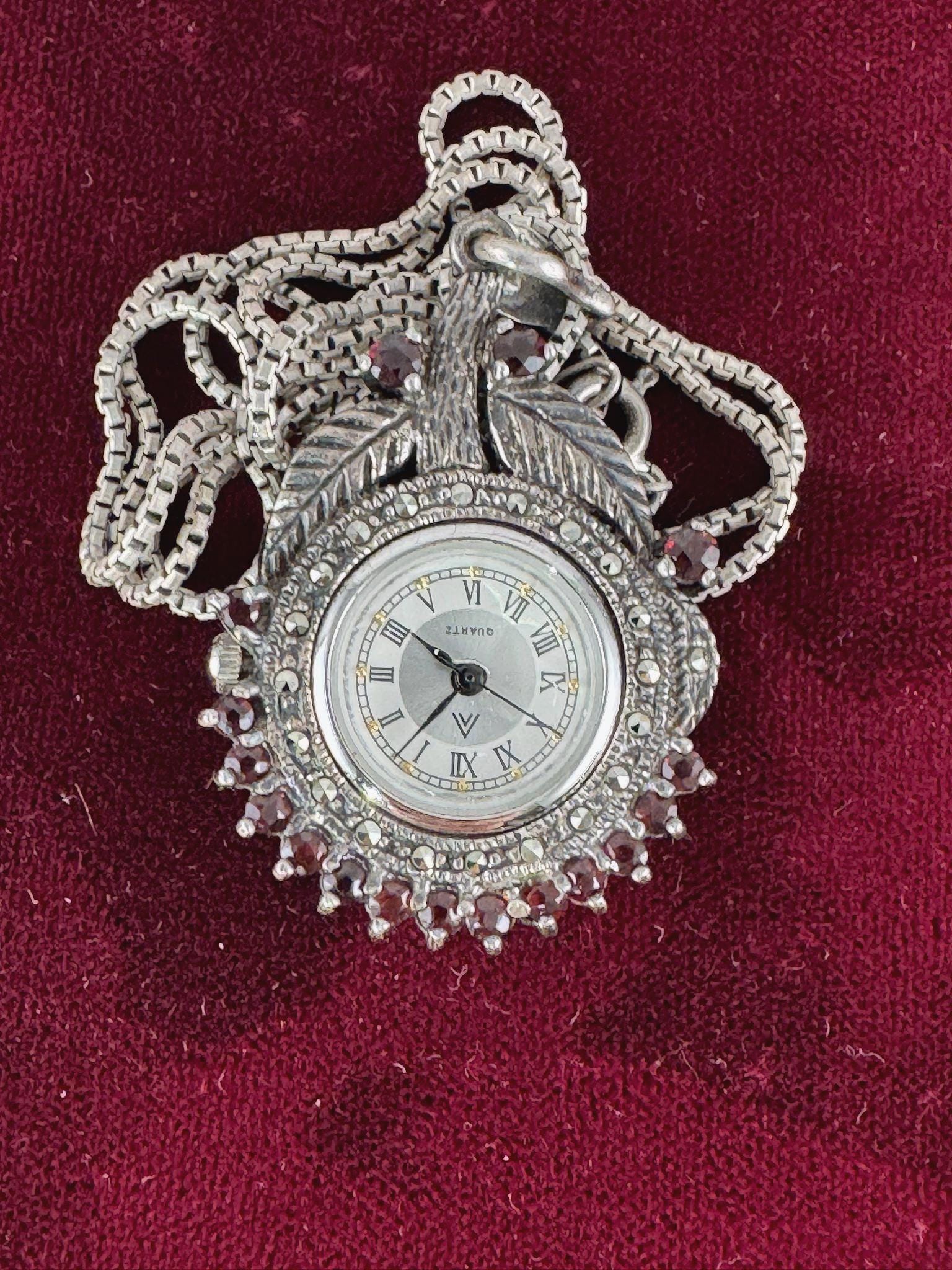 Vintage 1940s Garnet Marcasite Watch Pendant: Sterling  display picture 3