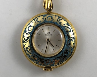 Vintage Bucherer Vintage Bucherer 17 Jewel Swiss Pendant Watch Round Brocaded Enameled Floral Design with 24 In Gold Plated 2MM Necklace