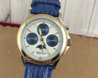 Vintage Oleg Cassini Mondphasen Uhr mit Himmlischem Blauem Lederarmband