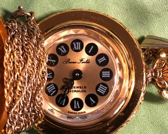 Vintage Mint Bourguard SA Incabloc Swiss Pendant Enameled Cover with Roman Numerals Watch Necklace and 24 Inch Gold Filled Chain