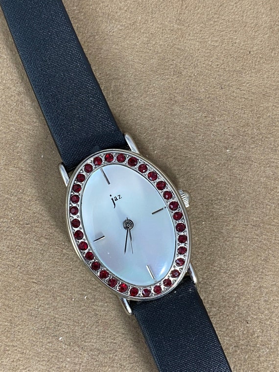 Black suede and crystal watch. Black Suede Swarovski Crystal Pearl Face Designer Watch  main image 4