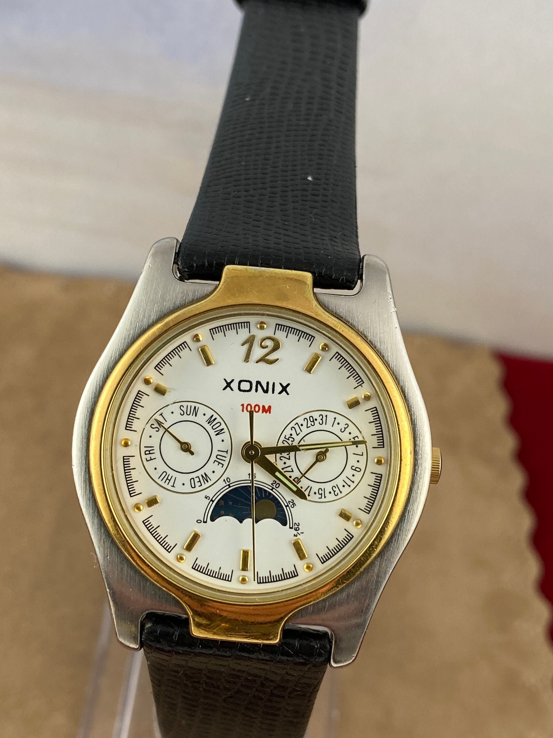 Vintage XONIX Precision Moonphase Quartz Watch 3 Station Two Tone