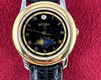 Vintage Becora Moon phase Watch Has Date Black Dial with roman numerals and arabic minutes 2 tone Gold and Silver