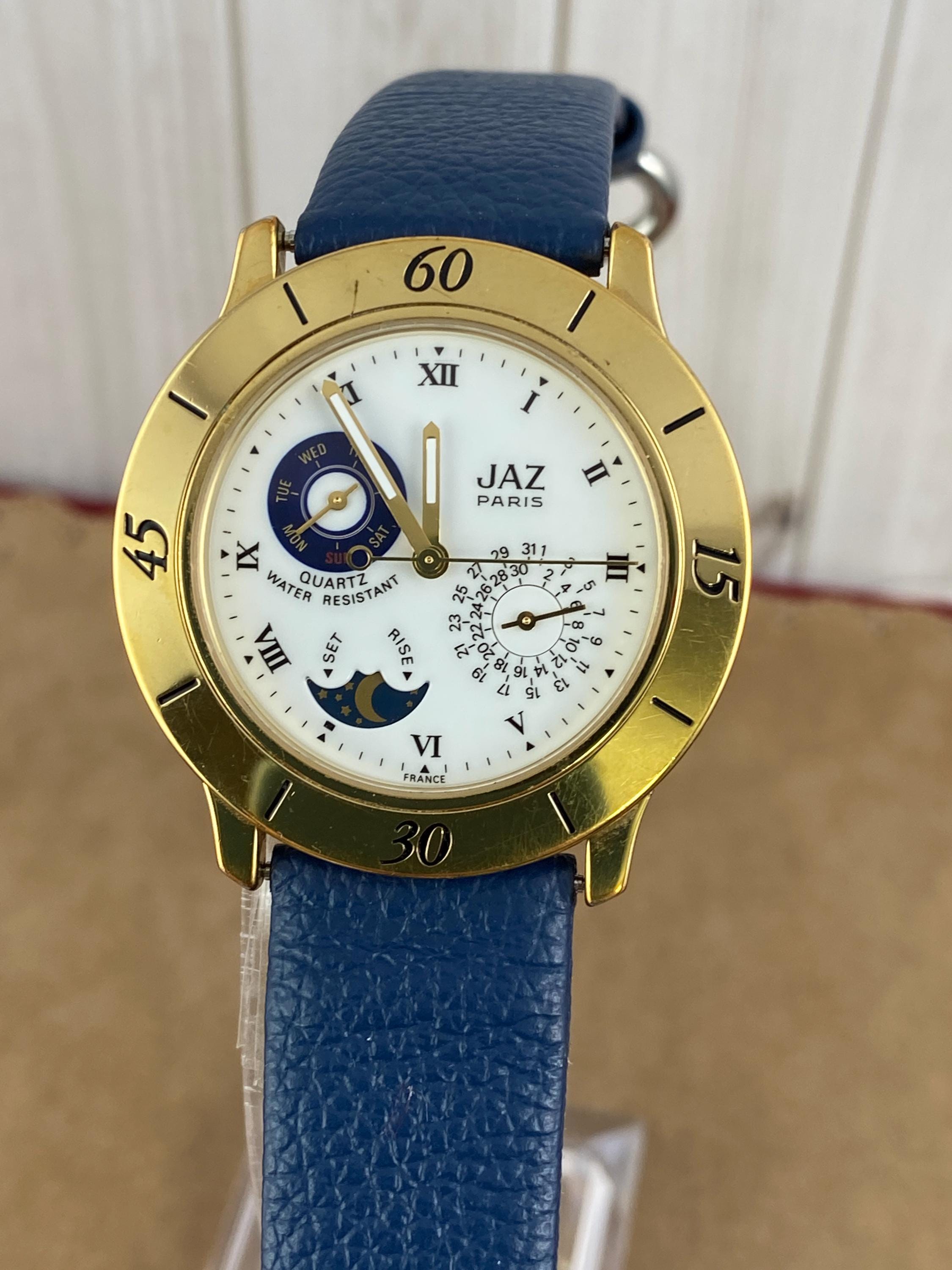Vintage JAZ Paris Moonphase Watch: 18K Gold Plated, Blue Leather