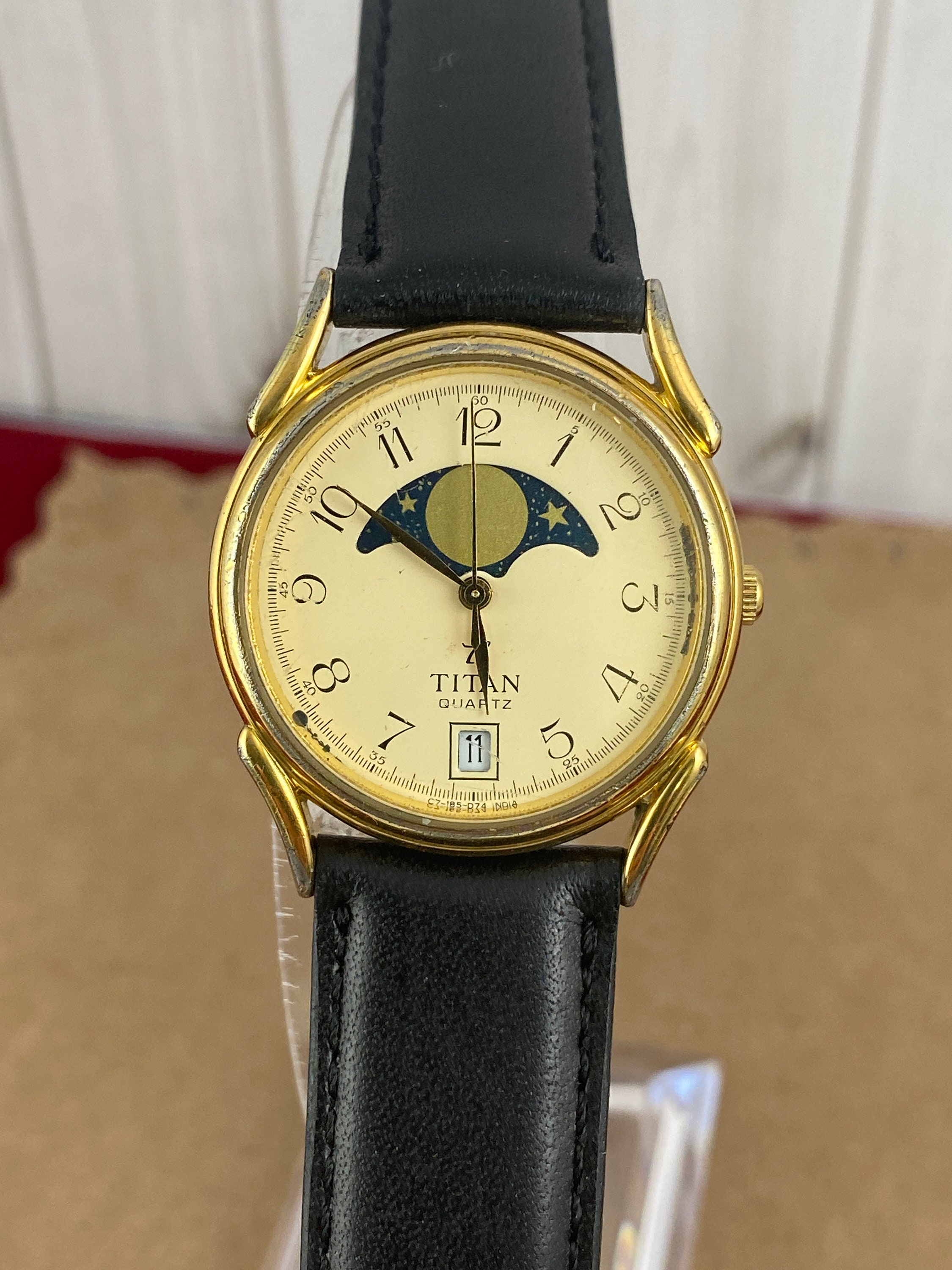 Titan Vintage Moon Phase Watch With Arabic Numerals Gold Tone 1.25