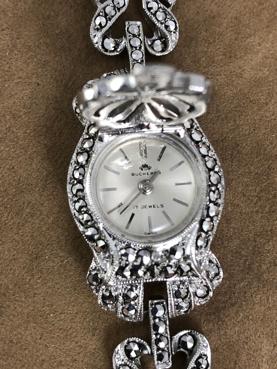 Vintage 1950 s Bucherer Ladies Wrist Swiss Made Watch From .800 Swiss Silver and Marcasite Settings With Safety Chain Etsy