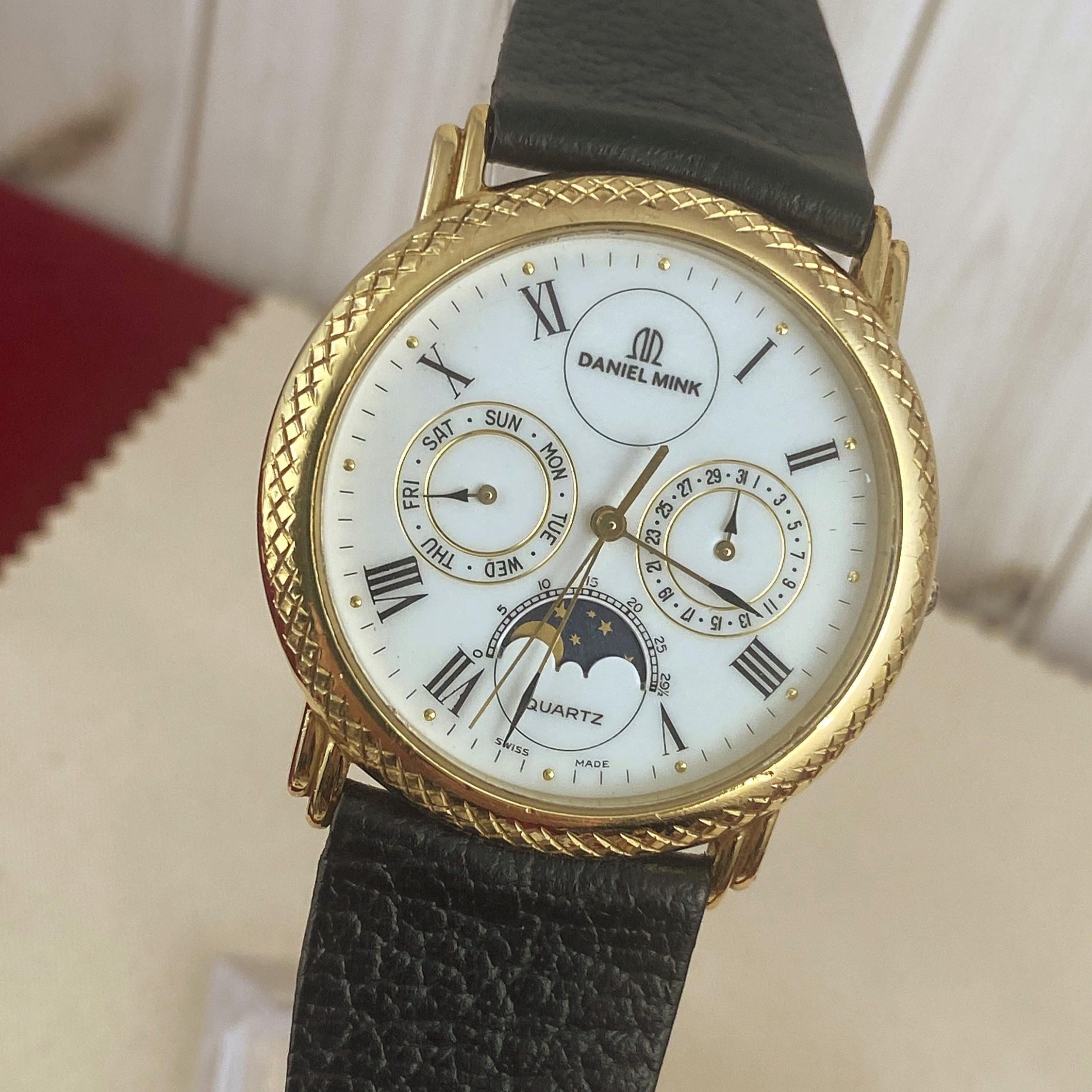 Vintage Daniel Mink Moon Phase Watch: Gold Plated Celestial Dial