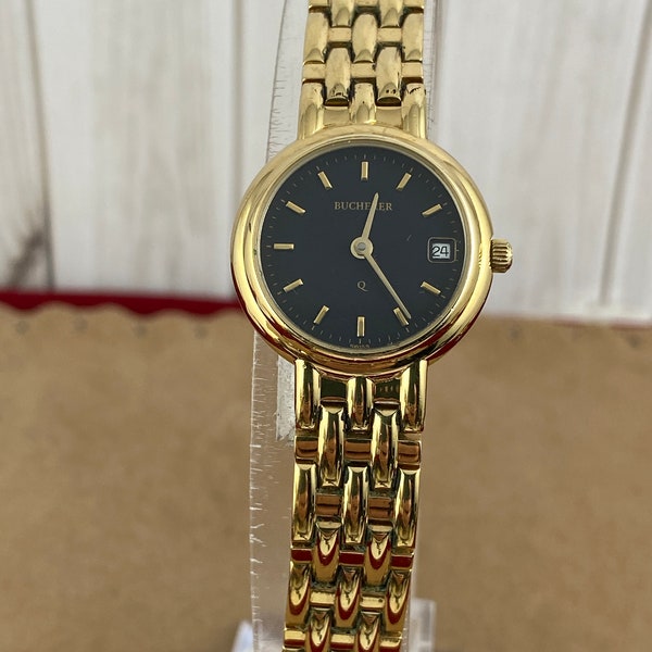 Vintage 1990's Bucherer Ladies Wrist Watch 18K Gold Plated Round Face Wrist Watch Swiss