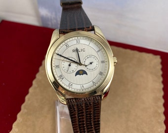 Vintage Relic by Fossil Moonphase Watch: Gold Case, Brown Leather Strap