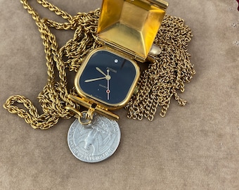 Futura Gold Tone Pendant Watch faux pearl rope tassel necklace Vintage Futura Gold Tone Pendant Watch Necklace With Tassels  main image 2