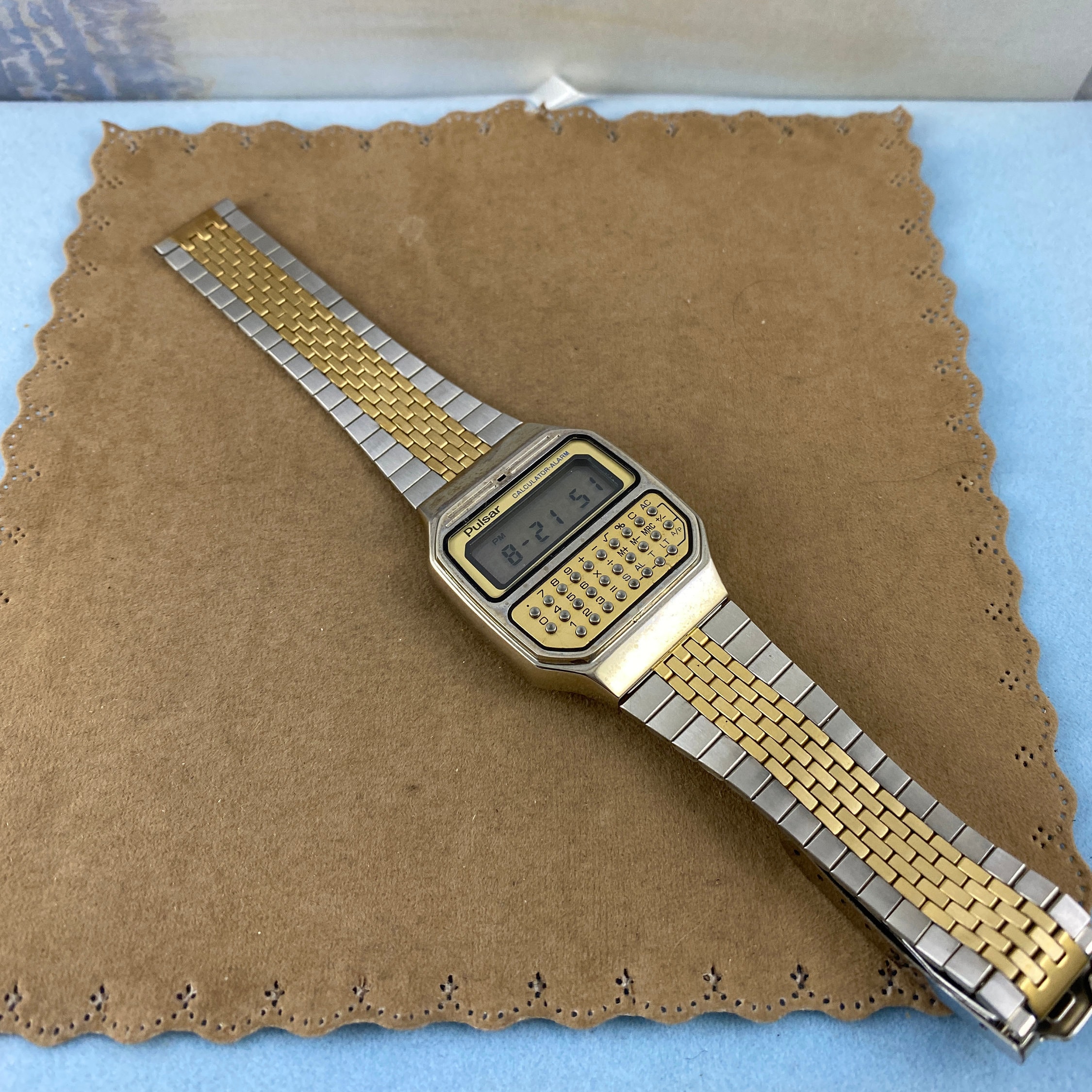 Rare 1970s Pulsar Digital LCD Calculator Watch: Two Tone Gold
