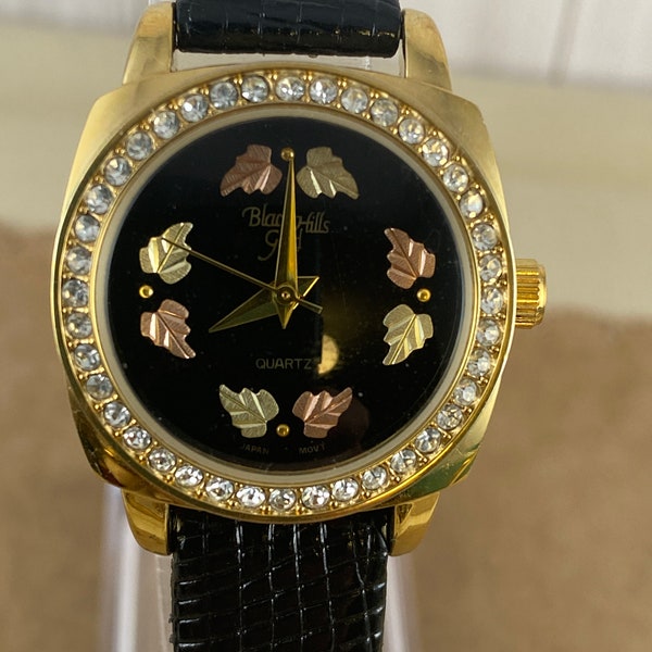 Vintage Black Hills Gold Black Dial 1.125 inch in Diameter. Fabulous Ladies Bracelet Dress Watch