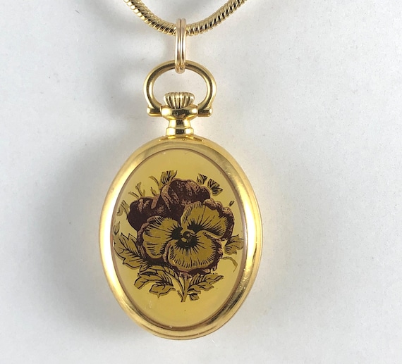 Vintage Bucherer Gold Floral Ceramic Quartz Pendant Watch Violet Vintage Bucherer Gold Floral Ceramic Quartz Pendant Watch Violet main image 2