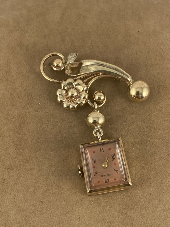Vintage Extremely Rare Croton Broach Watch in 10K Rolled Gold with Pink Rose Vintage Croton Watch Broach WW2 Boy Friend Pin with Green  main image 3