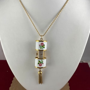 Vintage Bucherer Swiss Watch Pendant Necklace: Enamel Floral, Gold Vermeil Sterling Silver Chain