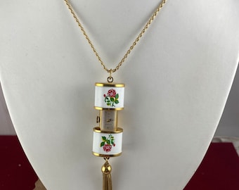 Vintage Bucherer Swiss Watch Pendant Necklace: Enamel Floral, Gold Vermeil Sterling Silver Chain