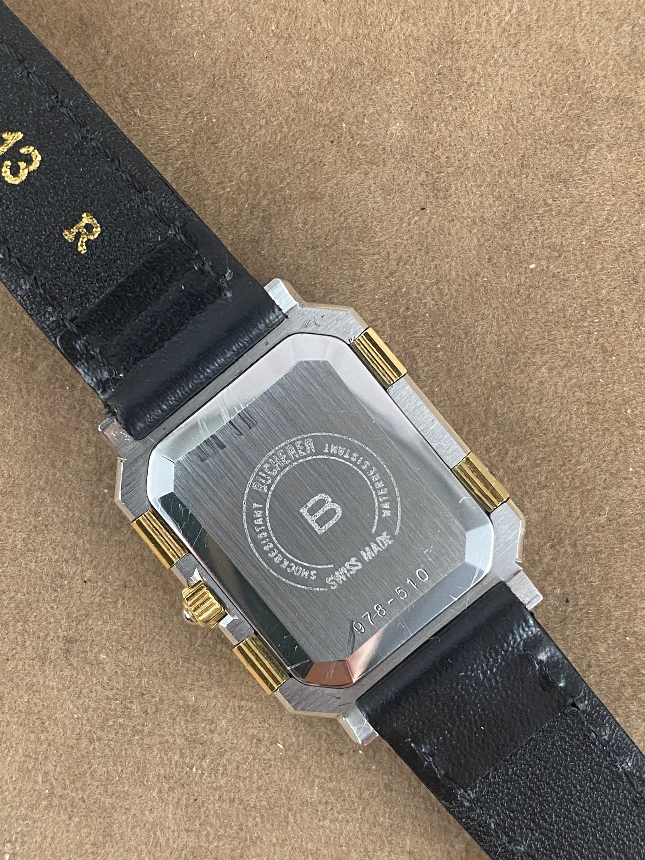 Vintage 1990's Bucherer Watch With Platinum Color Dial With Gold Markers  Gold Hands.18k Gold 10 Micron Plated, Black 8 Inch Strap & Buckel -   Israel