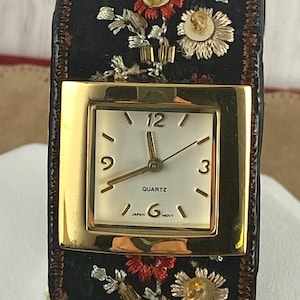 Vintage 90s Bohemian Embroidered and Beaded Cuff Bracelet with Golr plated Tak style watch