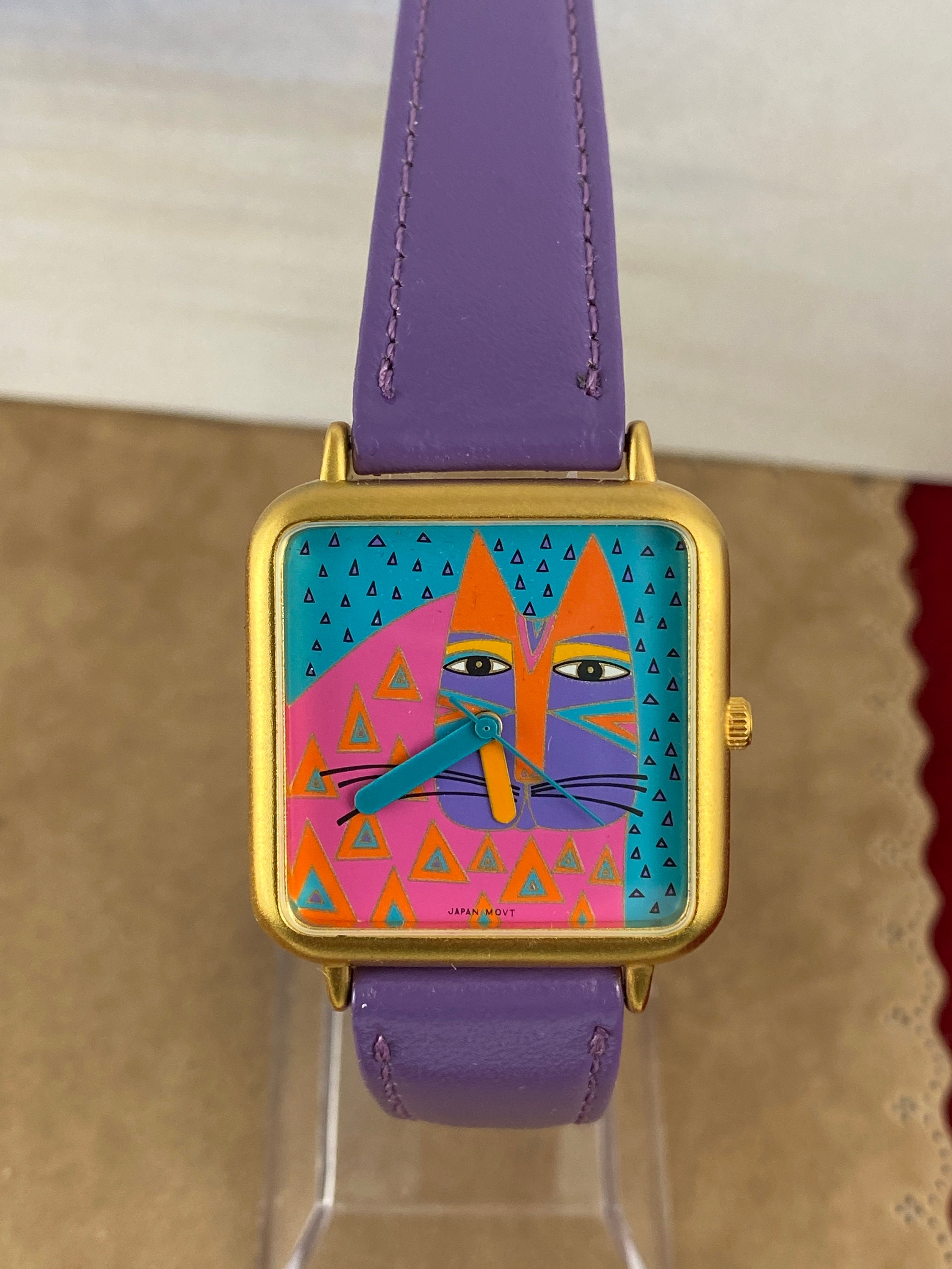 Vintage Laurel Burch Wild Cat Watch: Rainbow Enamel, Purple 