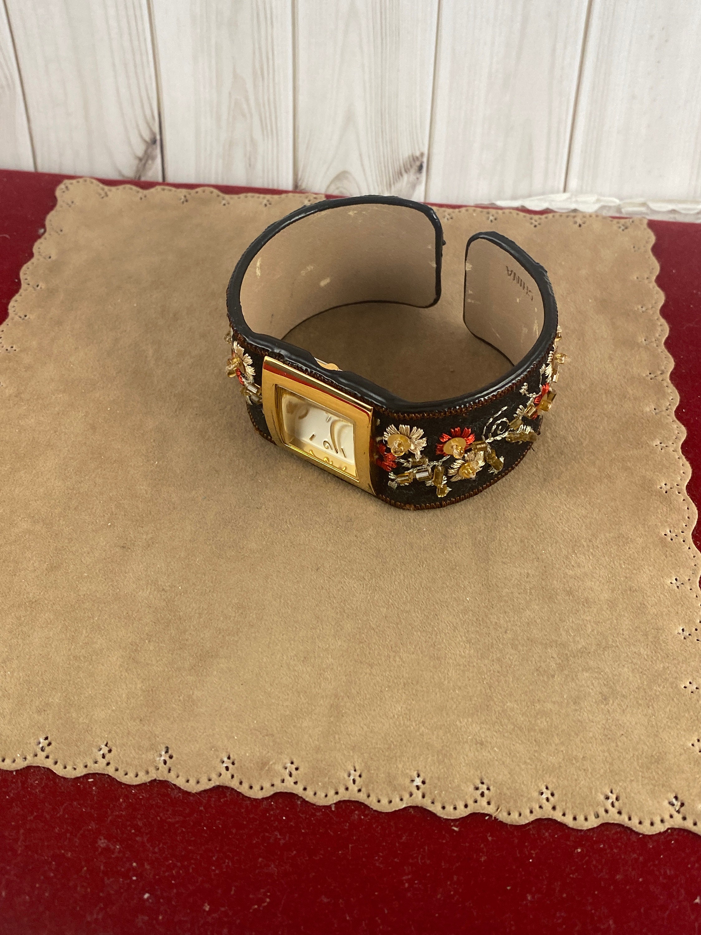Vintage 90s Bohemian Embroidered & Beaded Cuff Bracelet Gold Tak style watch Vintage 90s Bohemian Embroidered and Beaded Cuff Bracelet  main image 2