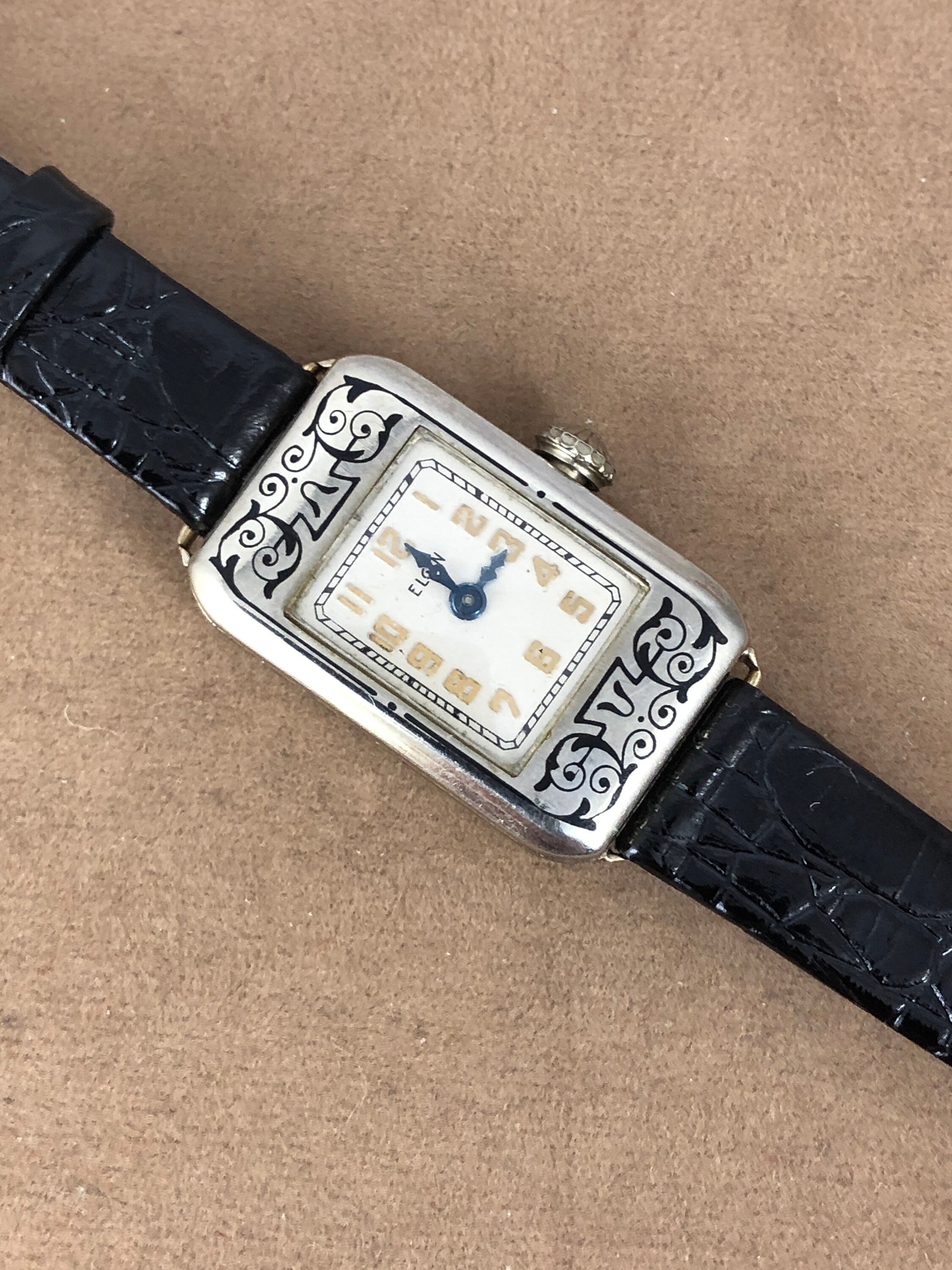 Art Deco 1932 Vintage Elgin 14k White Gold Black Satin Strap Watch -  petersuchyjewelers