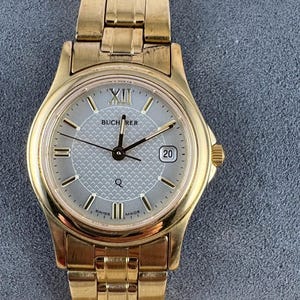 Beautiful Vintage Bucherer B Swiss Gold Plated Wristwatch 7 Jewel Swiss Bucherer Quartz Movement