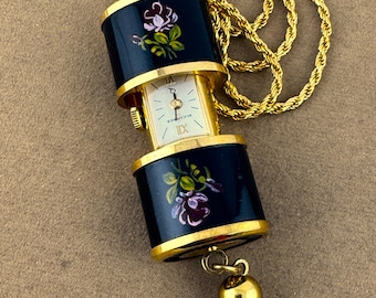 Vintage Bucherer Swiss Watch Pendant Necklace: Enamel Floral, Gold Vermeil Sterling Silver Chain