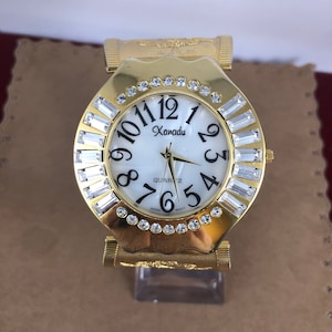 Vintage &quot;In God We Trust&quot; Gold Tone Xanadu patriotic Watch with Crystals around Watch Bezel Stainless Steel Bracelet great watch for the 4th
