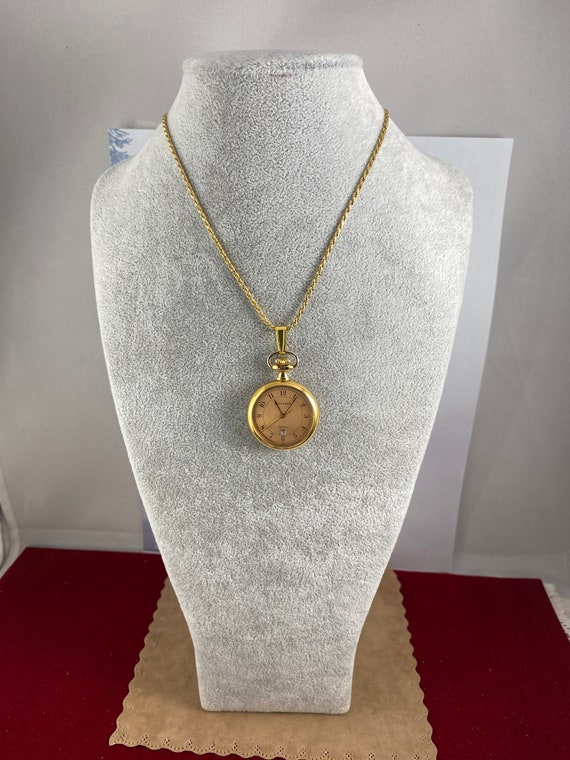 Bucherer Swiss Made  Gold and White Ladies Watch Pendant - on a chain Swiss Made Vintage Bucherer Swiss Watch Necklace: Enamel Floral Pendant  main image 4