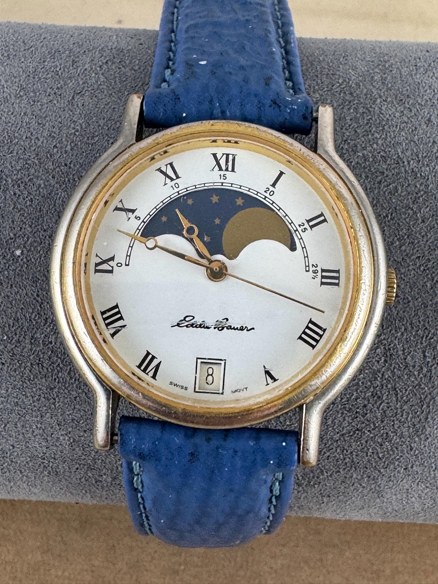Vintage Eddie Bauer Moon Phase Watch With Date at 6 O'clock 2 Tone