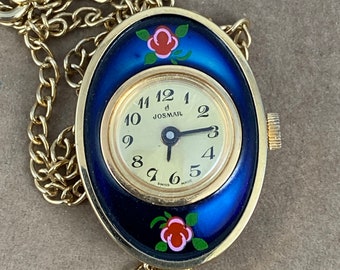 Vintage Swiss Made Josmar mechanical Watch with Hand Painted Roses on Blue Enamel with 24 inch cable chain keeps Time Runs