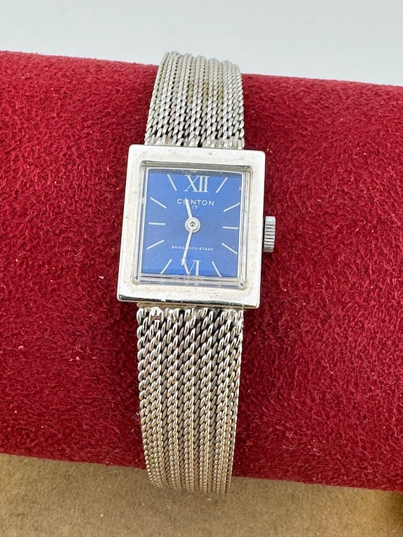 Clinton 17 Jewels Rare Vintage Ladies Watch Black Dial Stainless Weave Bracelet Rare Vintage Clinton Horse Shoe Hand wind Black Jeweled Dial  main image 4
