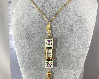 Vintage Bucherer Swiss Pendant Necklace Peek a Boo Slide Watch Exquisite Hand Painted Enamel with 30 Inch Gold Plated Link Necklace Chain