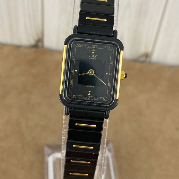 vintage Jaz Paris, créateur français, or, plaqué or 18 carats, montre 2 tons, or jaune et bracelet à maillons plaqué noir, dos en acier inoxydable W7BE89