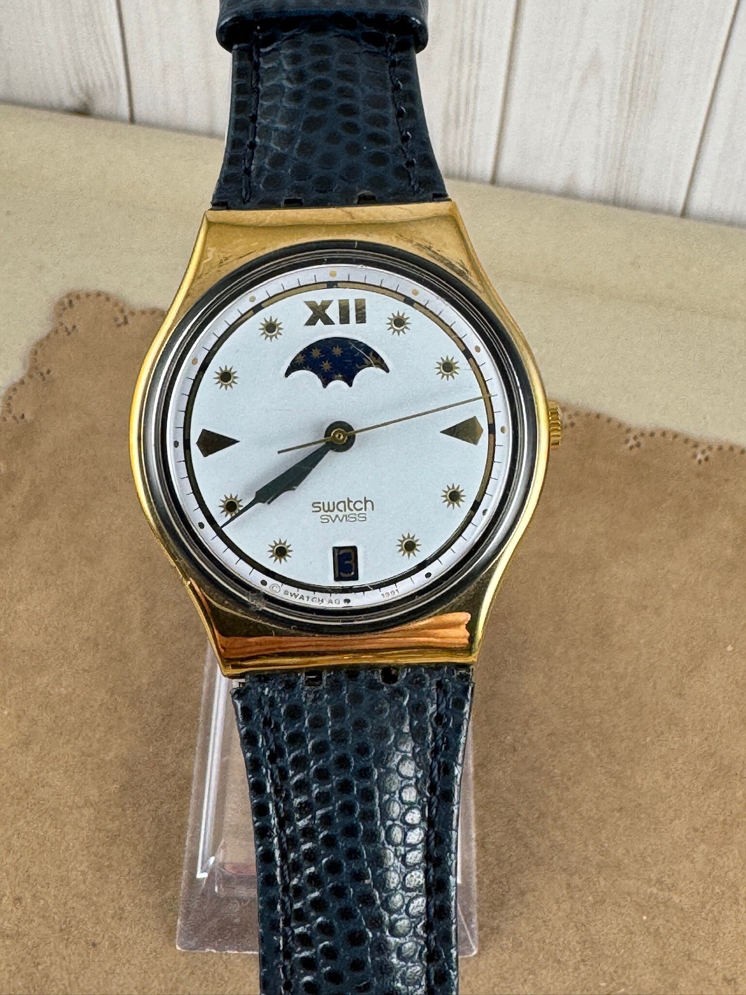 Vintage Swatch Watch: Moon Phase, Gold Accents, Navy Strap 