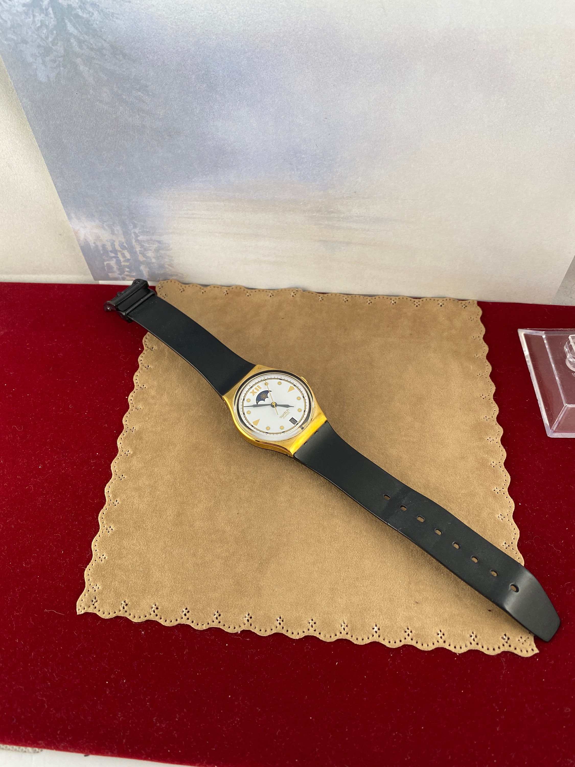Rare Swatch Watch: Moonphase Gold Accents, Roman Numeral 