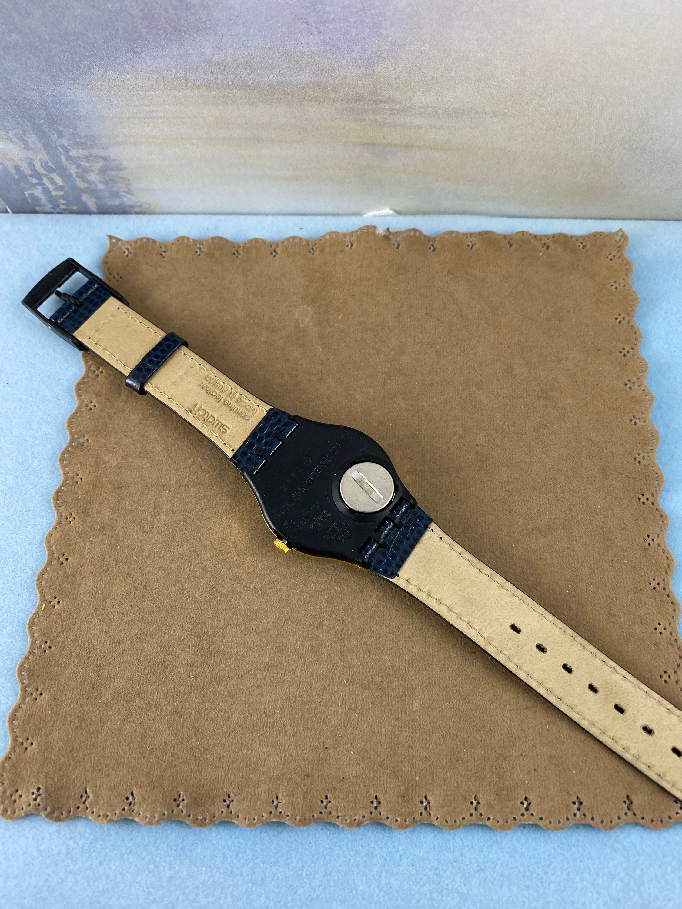 Vintage Swatch Watch: Gold Moon Phase, Navy Strap, New in 