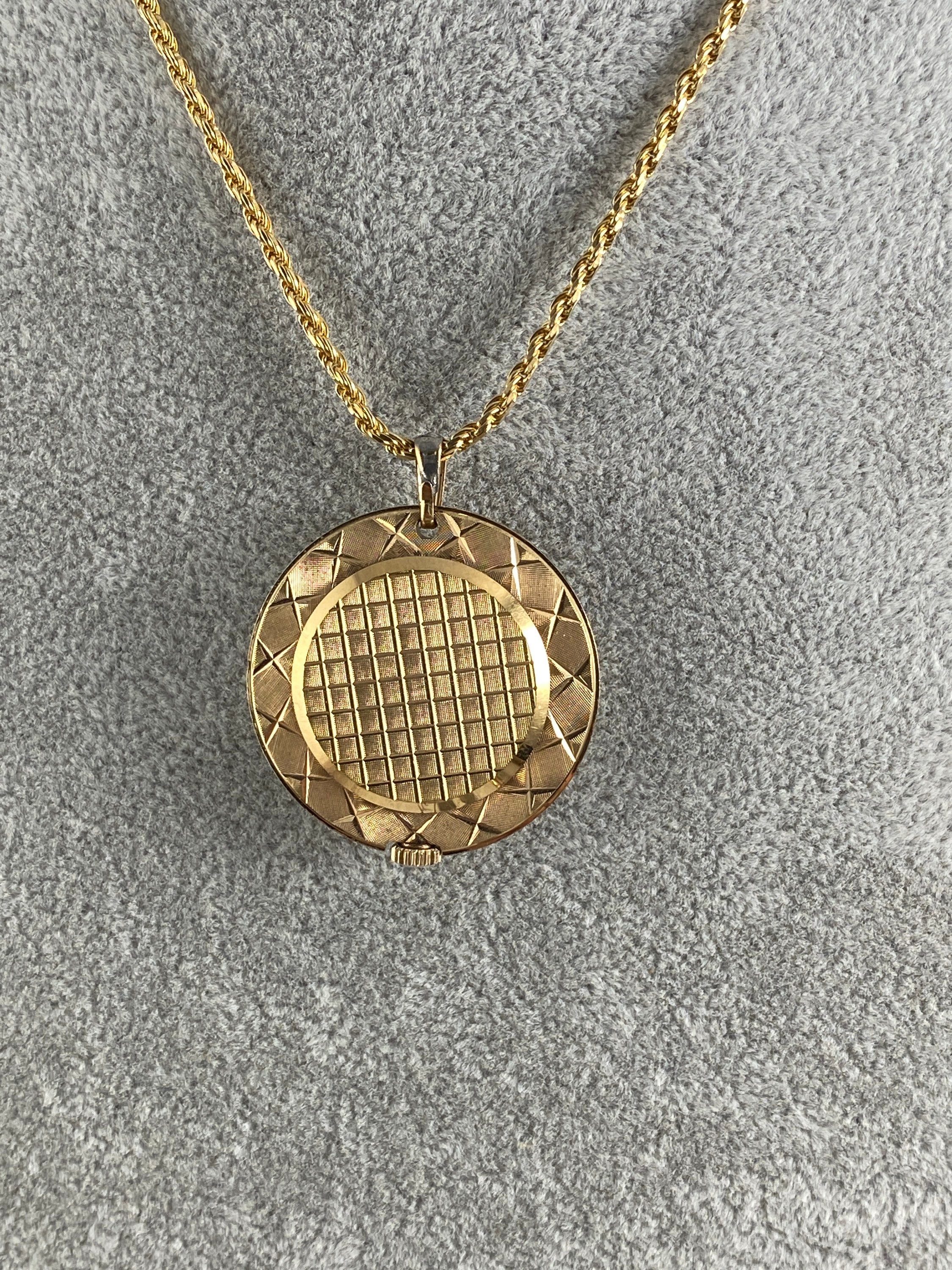 Vintage Bulova Pendant Watch Necklace: Gold Plated Brocade 