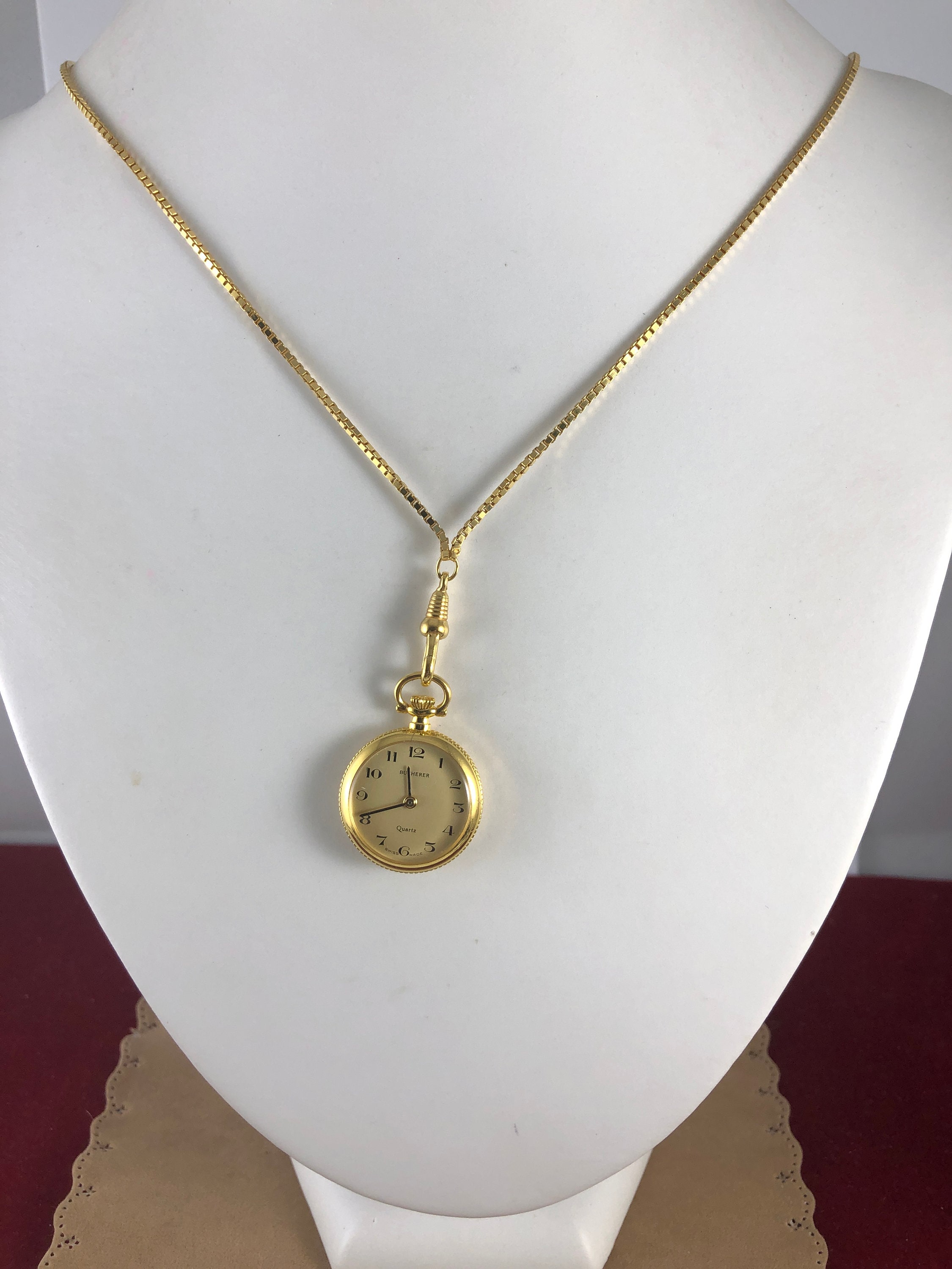 Vintage Bucherer Gold Plated Quartz Watch Pendant TESTED Vintage 1950 Bucherer Guilt Ball Pendant Watch Crystal Back  main image 2