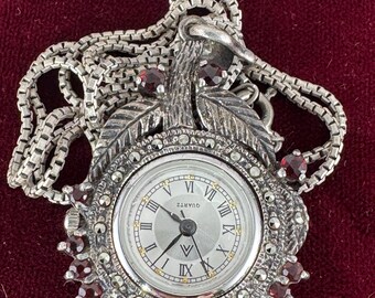 Fabulous Vintage 1940\'s Ladies Garnet and Marcasite Watch Pendant Vintage 1940s Garnet Marcasite Watch Pendant: Sterling  main image 2
