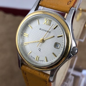 Vintage 1970s Bucherer Ladies Watch: Gold Plated Swiss Quartz, Tan Leather