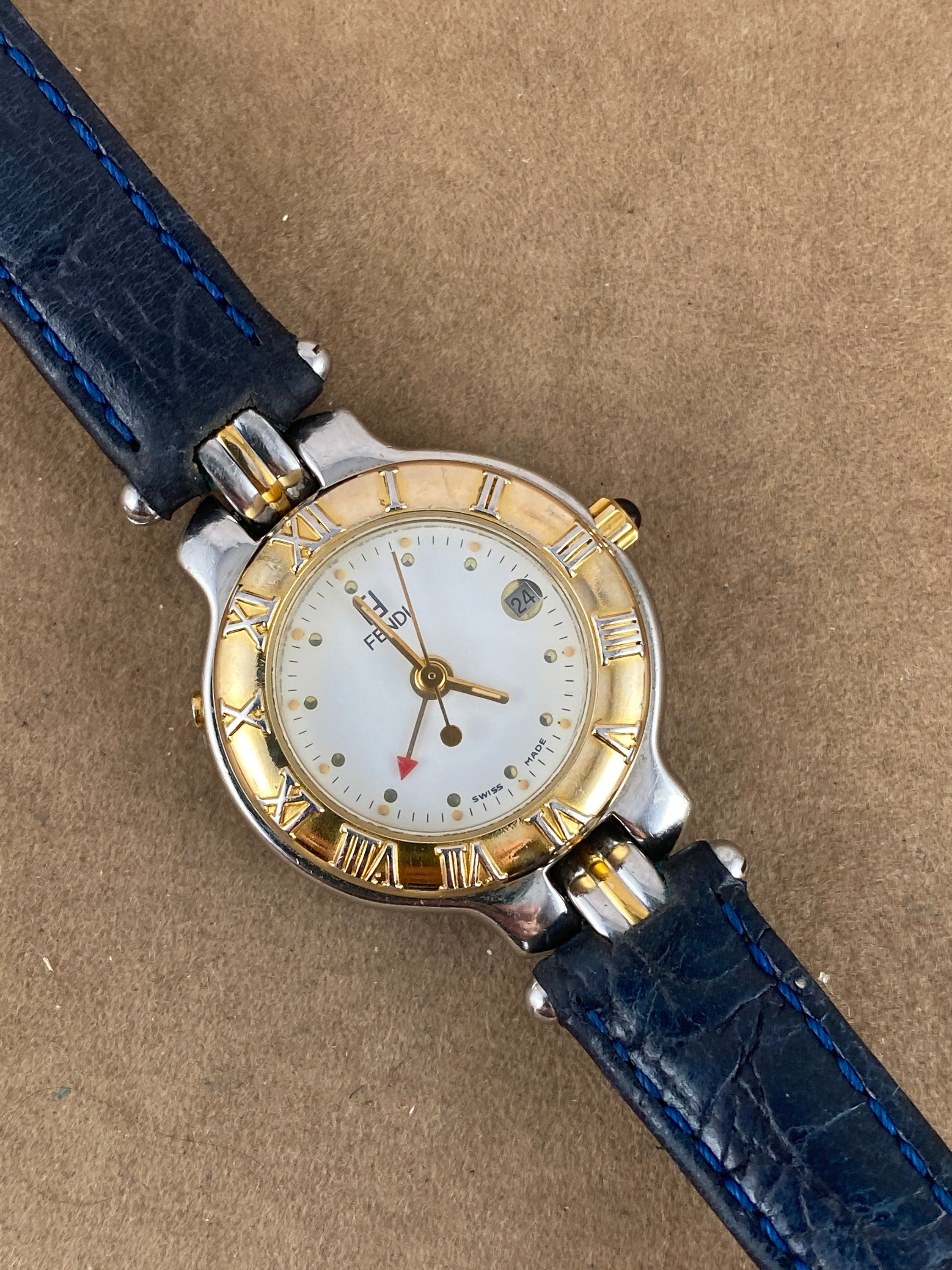 Vintage Fendi 920ltwo Tone Gold and Stainless Steel Watch White Enamel Dial  With Roman Numerals and Minute Markers With Date at 3 O'clock 