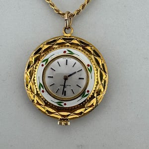 Vintage Bucherer Enamel Floral Pendant Watch: Swiss Made Necklace