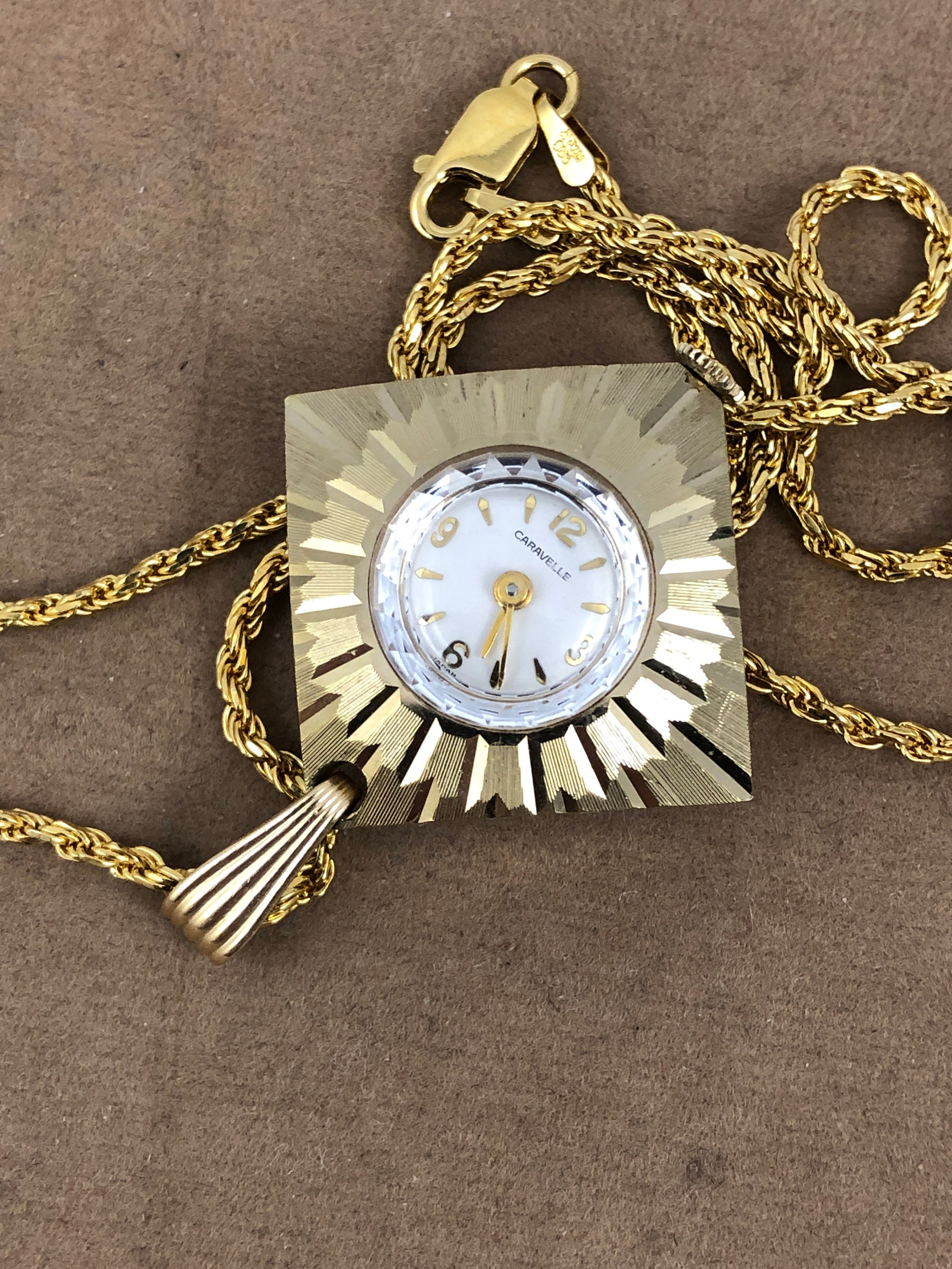 Vintage Caravelle 7 Jewel Gold Tone Pendant Watch Diamond